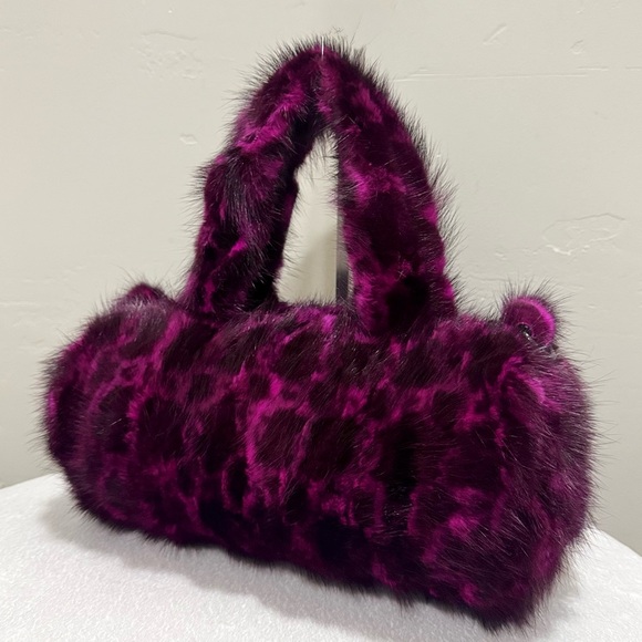 Leopard Real Mink Fur Handmade Fur Handles Barrel Bag/Shoulder Bag/Crossbody Bag - Picture 7 of 16